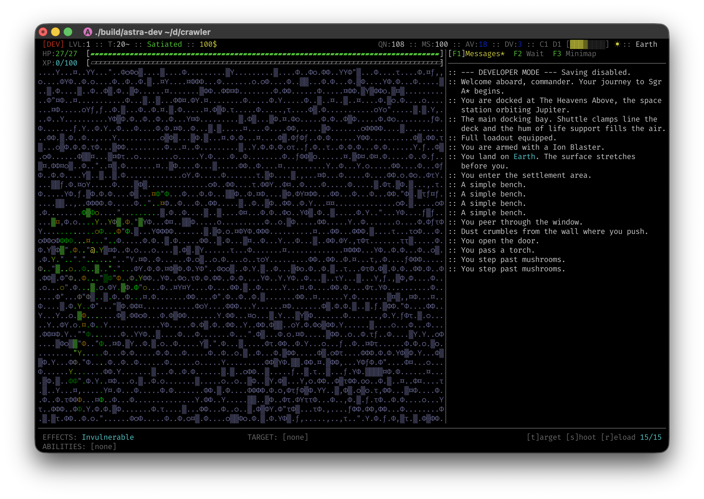 A settlement on a forested world — buildings with furnished interiors, paths, and NPCs