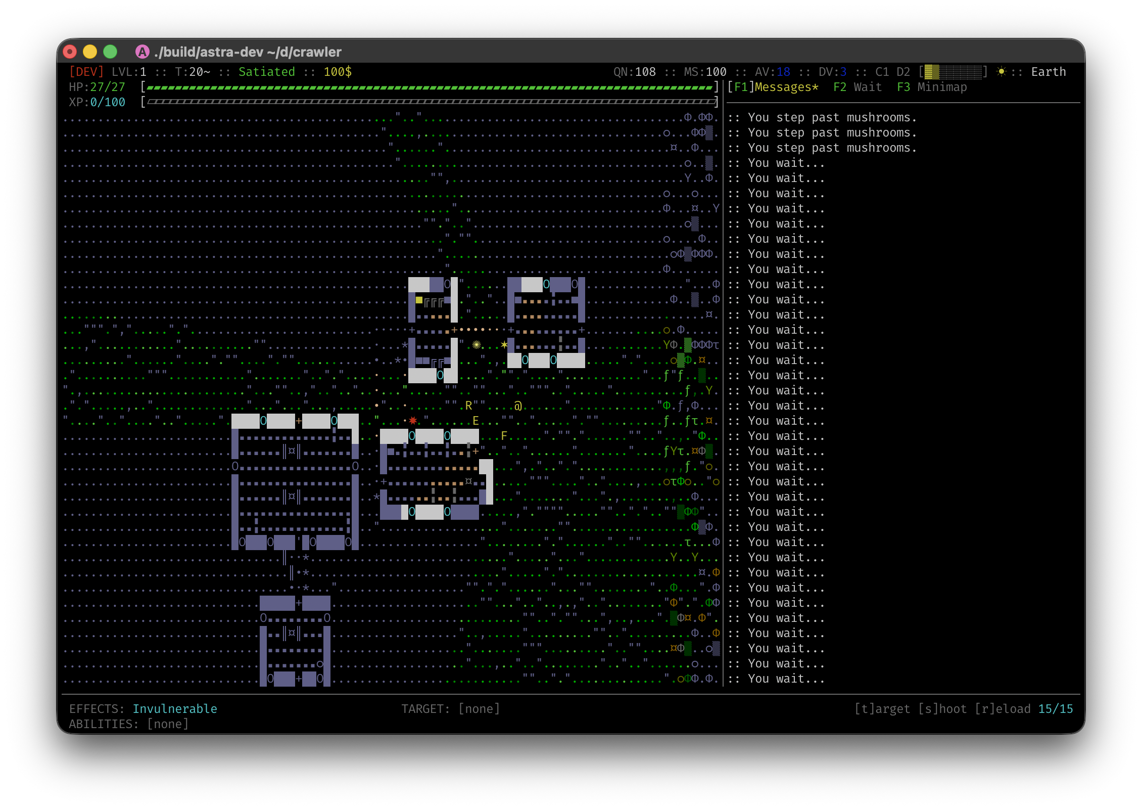 Settlement close-up — multiple buildings connected by paths, with crafting stations and shelves